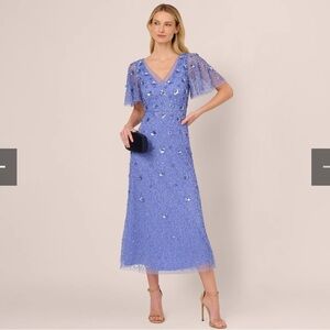 ADRIANNA PAPELL Beaded Mesh Flutter Sleeve Midi Dress In Peri Blue size 12 NWT